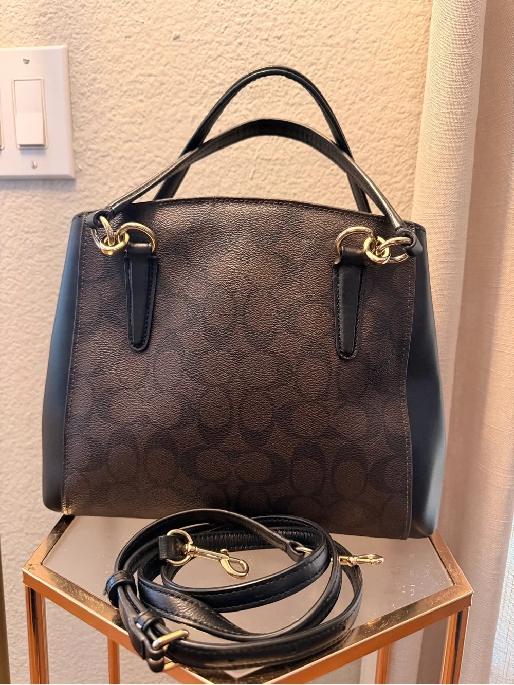 COACH Brown and Black Signature Satchel with Gold Hardware